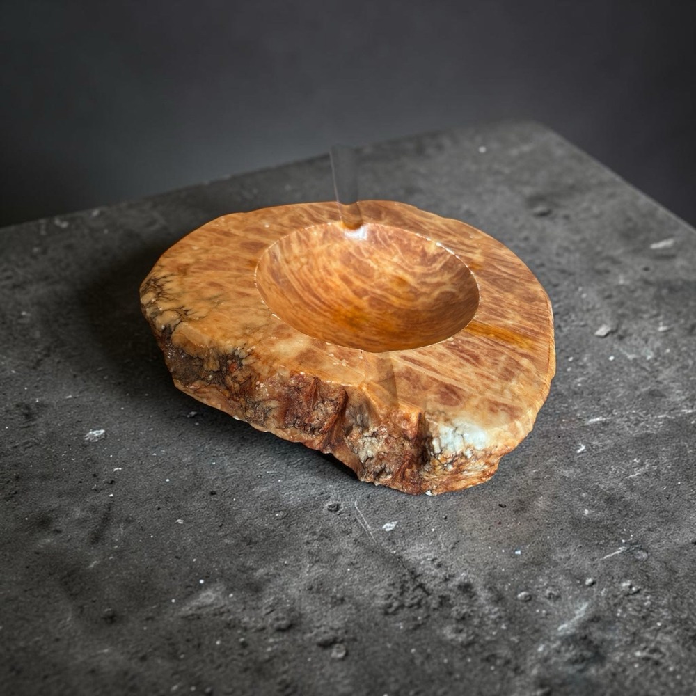 Vintage Alabaster Ashtray Italian Hand Carved Italy Tan Orange Stone MCM 7"